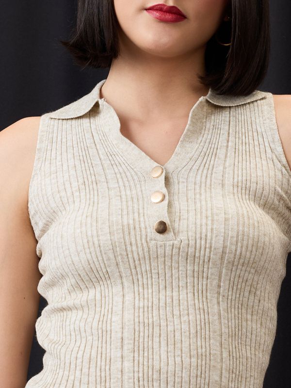Globus Women Beige Collared Halter Neck Gold Button Detail Flat Knit Ribbed Crop Top