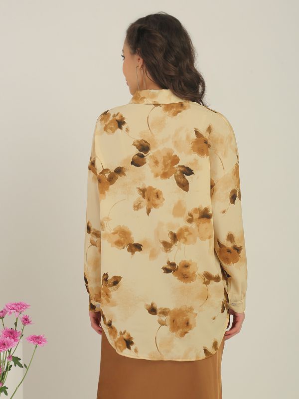 Globus Women Beige Floral Print Collared Neck Cuffed Sleeves Curved Hem Shirt 