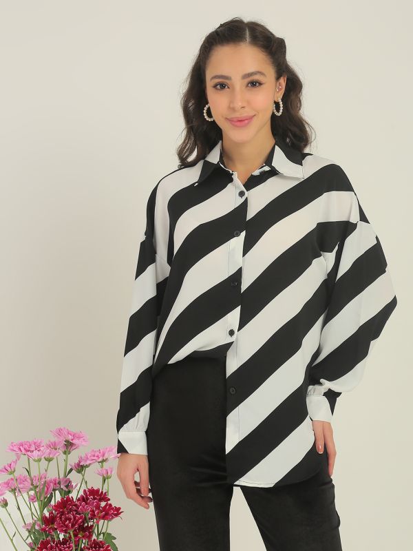 Globus Women Black Candy Striped Collared Neck Cuffed Sleeves Curved Hem Shirt 