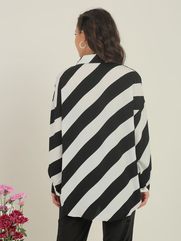 Globus Women Black Candy Striped Collared Neck Cuffed Sleeves Curved Hem Shirt 