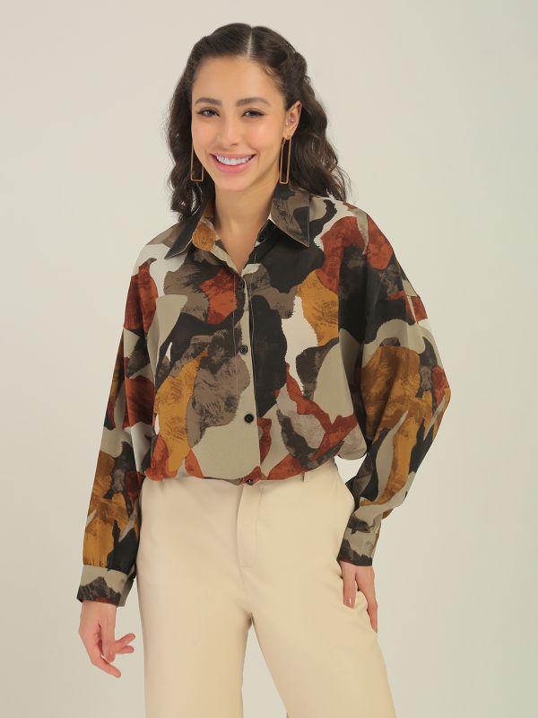 Globus Women Multi Abstract Print Collared Neck Cuffed Sleeves Curved Hem Shirt