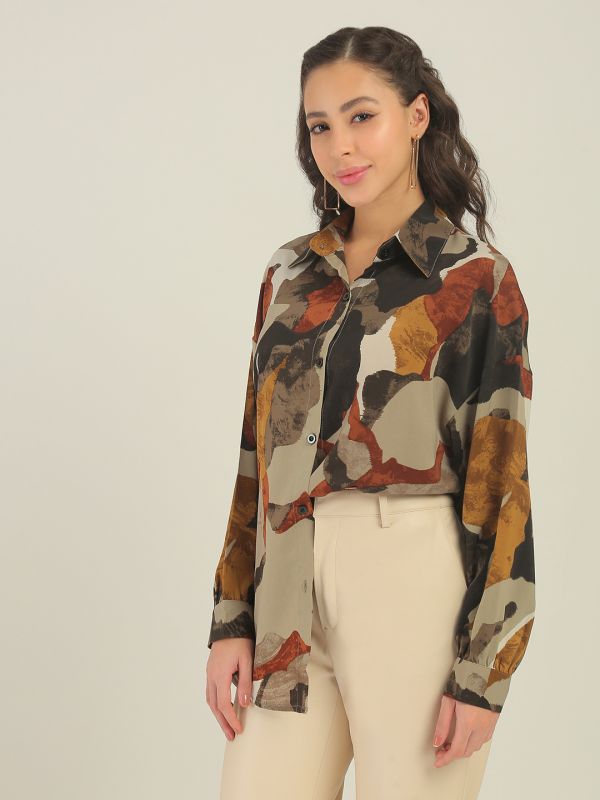 Globus Women Multi Abstract Print Collared Neck Cuffed Sleeves Curved Hem Shirt