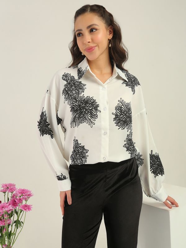 Globus Women White Floral Print Collared Neck Cuffed Sleeves Curved Hem Shirt