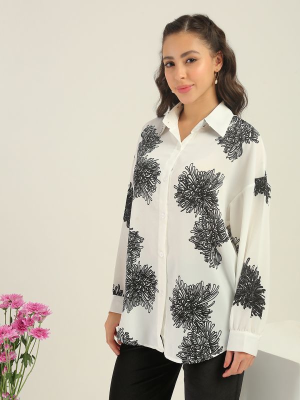 Globus Women White Floral Print Collared Neck Cuffed Sleeves Curved Hem Shirt