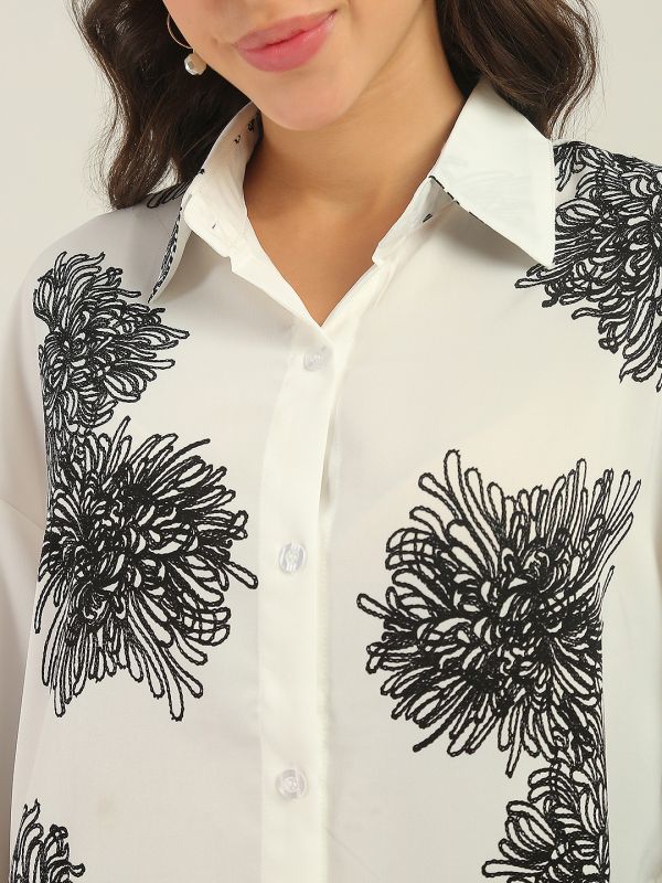 Globus Women White Floral Print Collared Neck Cuffed Sleeves Curved Hem Shirt