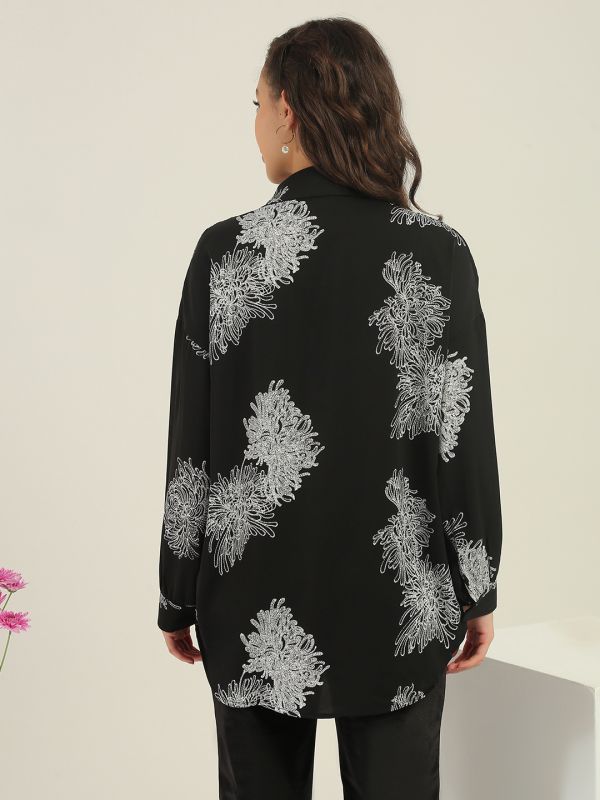 Globus Women Black Floral Print Collared Neck Cuffed Sleeves Curved Hem Shirt