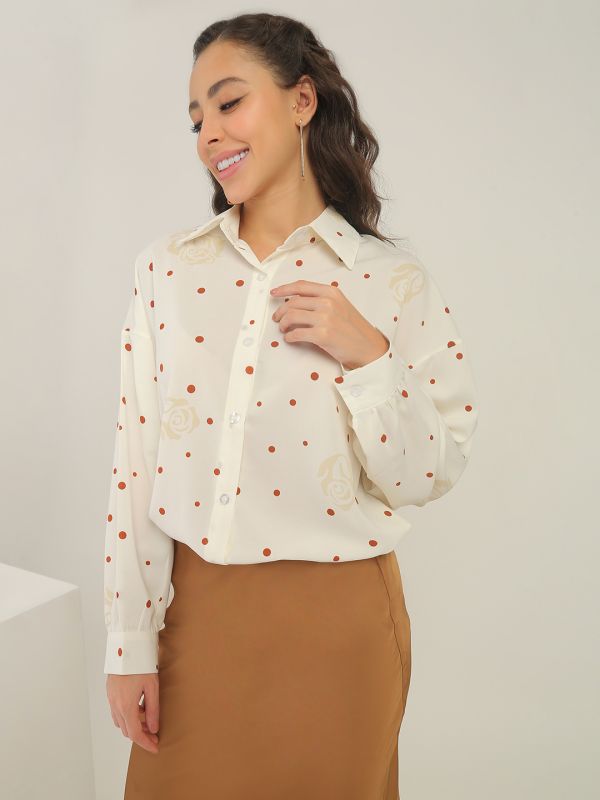 Globus Women Beige Polka Dots Collared Neck Cuffed Sleeves Curved Hem Shirt