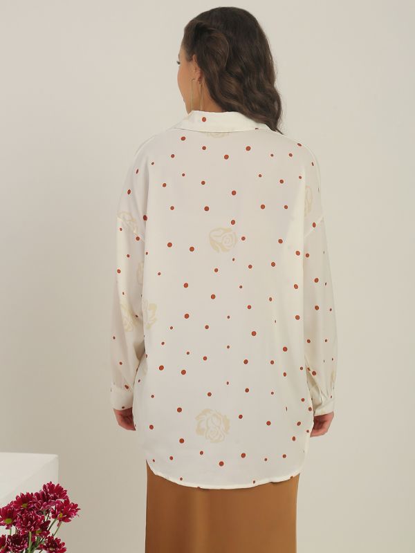 Globus Women Beige Polka Dots Collared Neck Cuffed Sleeves Curved Hem Shirt