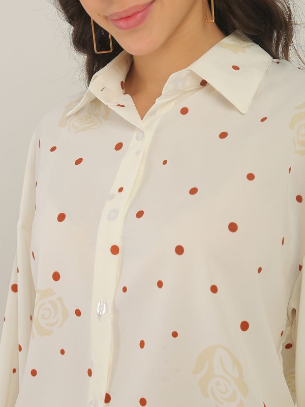 Globus Women Beige Polka Dots Collared Neck Cuffed Sleeves Curved Hem Shirt