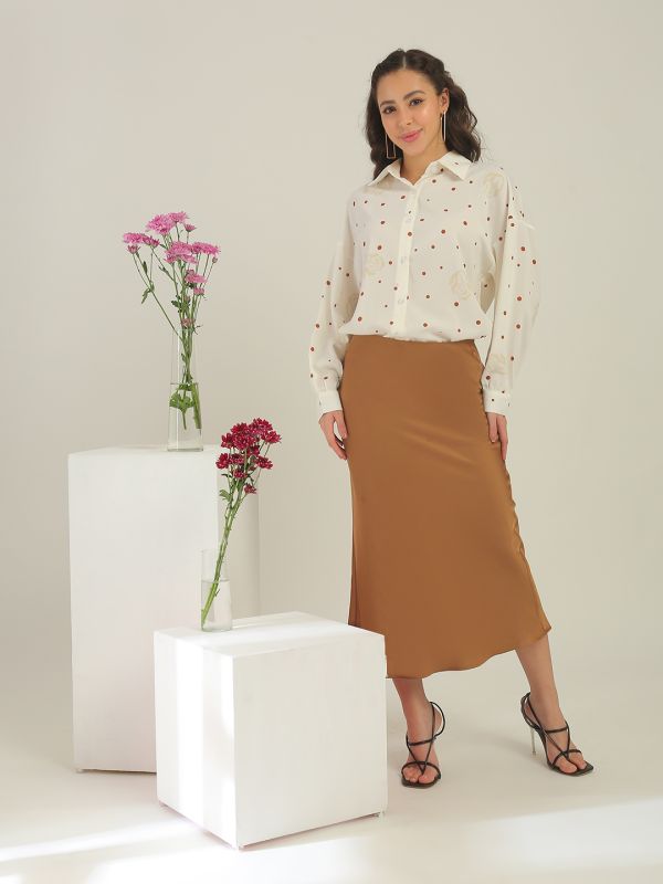 Globus Women Beige Polka Dots Collared Neck Cuffed Sleeves Curved Hem Shirt