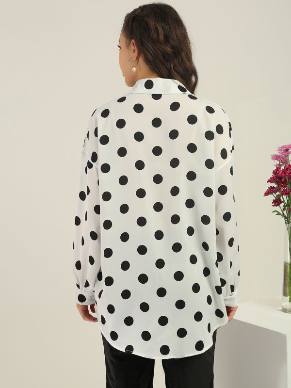 Globus Women White Polka Dots Collared Neck Cuffed Sleeves Curved Hem Shirt