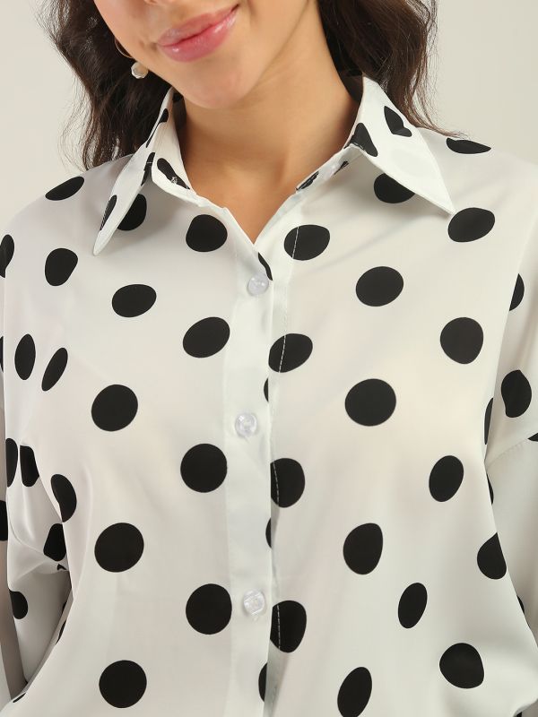 Globus Women White Polka Dots Collared Neck Cuffed Sleeves Curved Hem Shirt