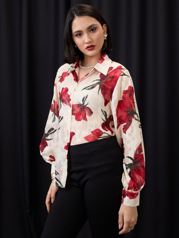 Globus Women White & Red Collared Neck Cuffed Sleeves Floral Print Jacquard Party Shirt