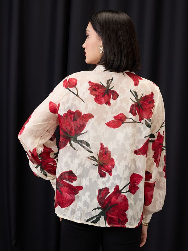 Globus Women White & Red Collared Neck Cuffed Sleeves Floral Print Jacquard Party Shirt