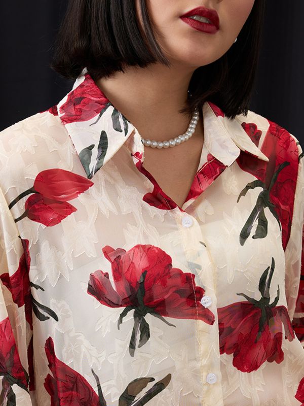 Globus Women White & Red Collared Neck Cuffed Sleeves Floral Print Jacquard Party Shirt