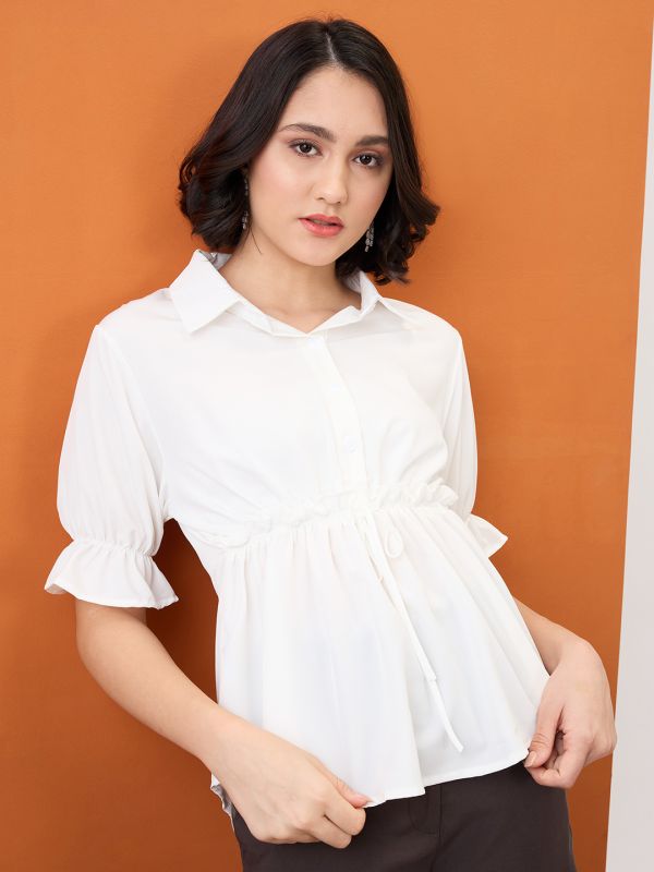 Globus Women White Shirt Collar Puff Sleeves Solid Waist Tie-Up Workwear Peplum Top