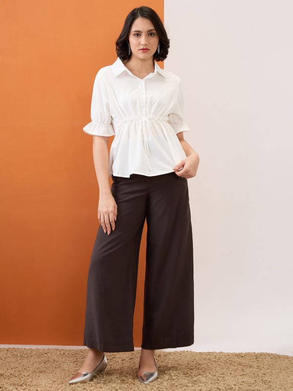 Globus Women White Shirt Collar Puff Sleeves Solid Waist Tie-Up Workwear Peplum Top