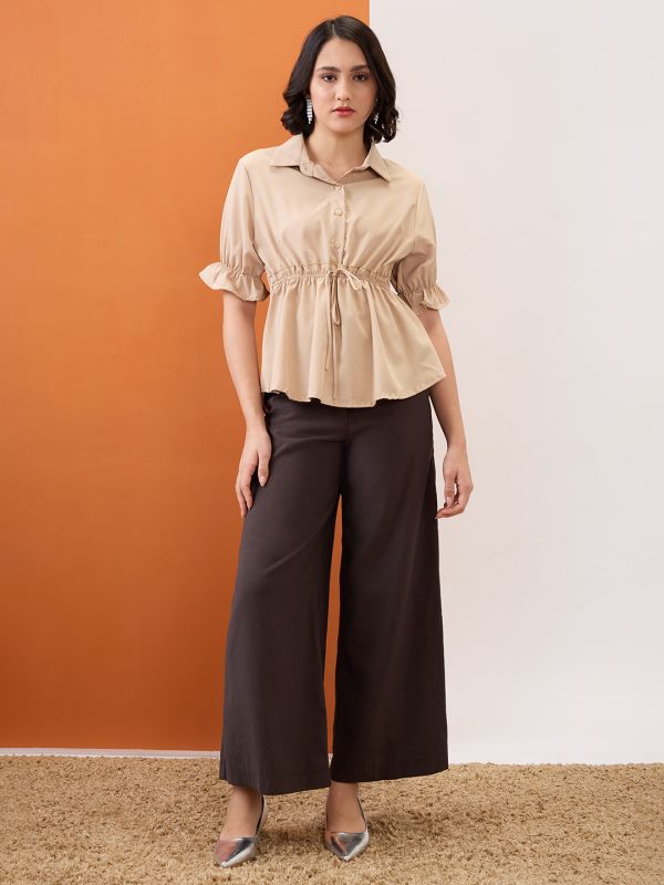 Globus Women Camel Brown Shirt Collar Puff Sleeves Solid Waist Tie-Up Workwear Peplum Top