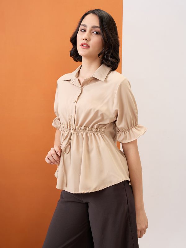 Globus Women Camel Brown Shirt Collar Puff Sleeves Solid Waist Tie-Up Workwear Peplum Top