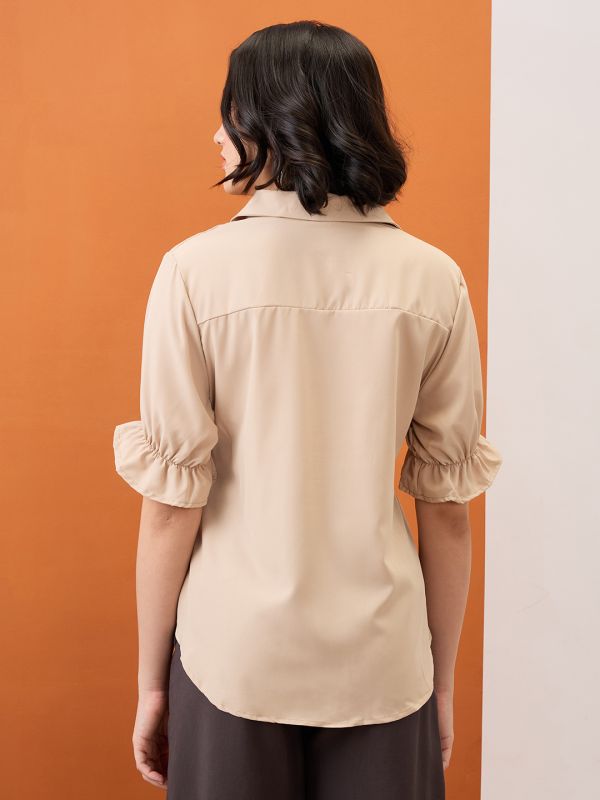Globus Women Camel Brown Shirt Collar Puff Sleeves Solid Waist Tie-Up Workwear Peplum Top