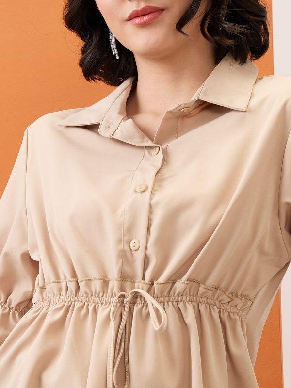 Globus Women Camel Brown Shirt Collar Puff Sleeves Solid Waist Tie-Up Workwear Peplum Top