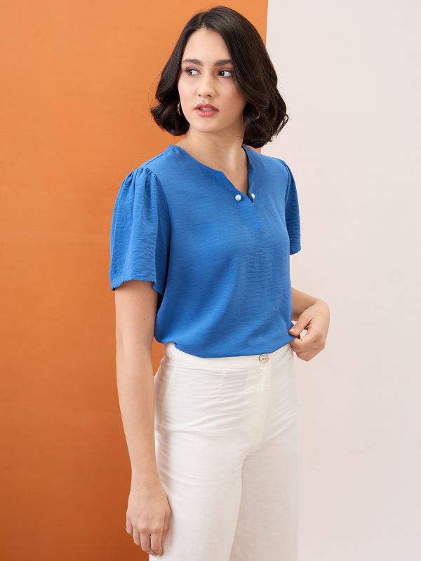 Globus Women Blue V-Neck Puff Sleeves Solid Pearl Detail Top