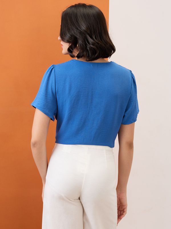 Globus Women Blue V-Neck Puff Sleeves Solid Pearl Detail Top