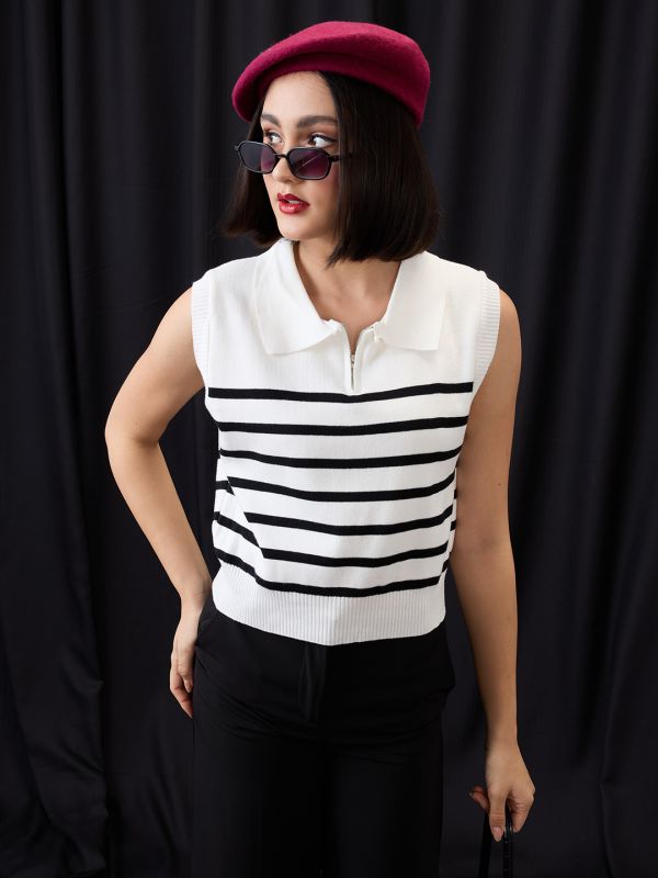 Globus Women White Zippered Shirt Collar Striped Flat Knit Ribbed Vest Top