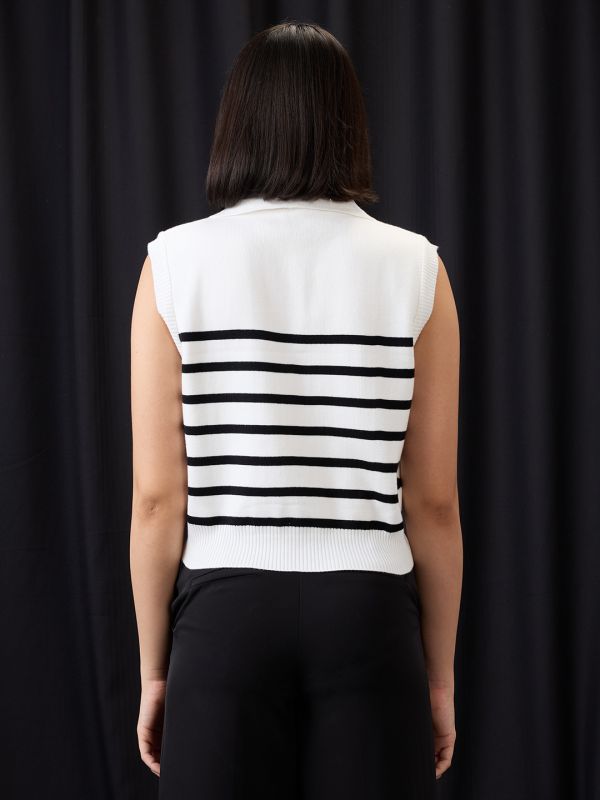 Globus Women White Zippered Shirt Collar Striped Flat Knit Ribbed Vest Top