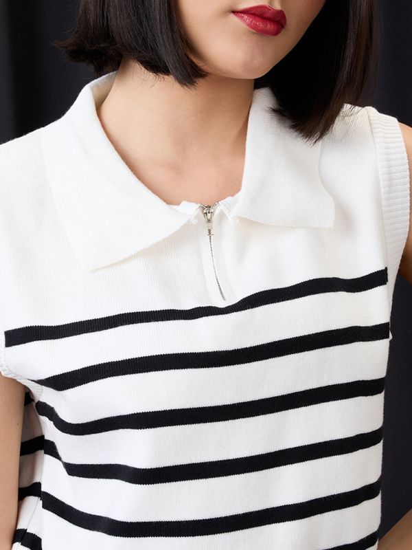 Globus Women White Zippered Shirt Collar Striped Flat Knit Ribbed Vest Top