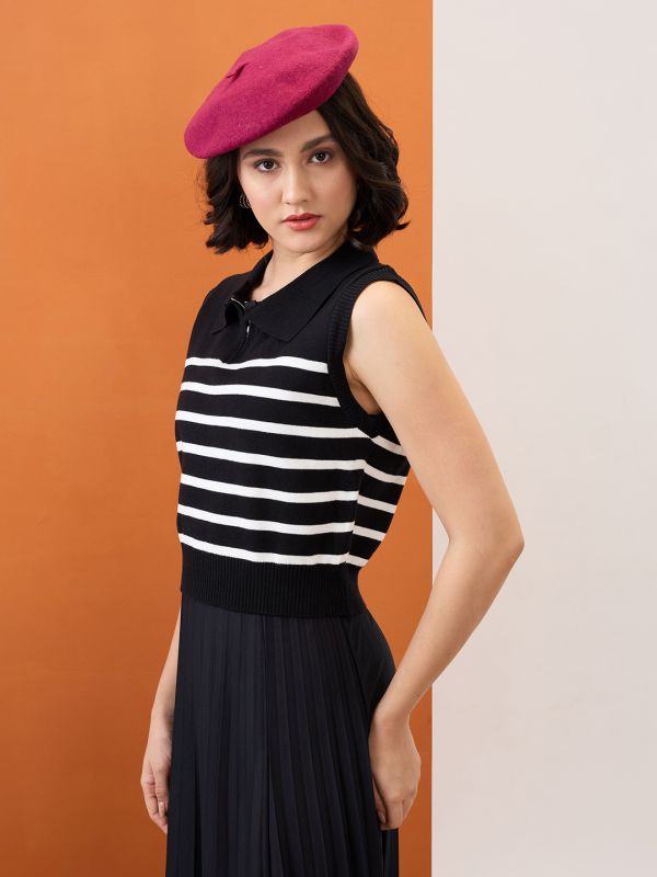 Globus Women Black Zippered Shirt Collar Striped Flat Knit Ribbed Vest Top