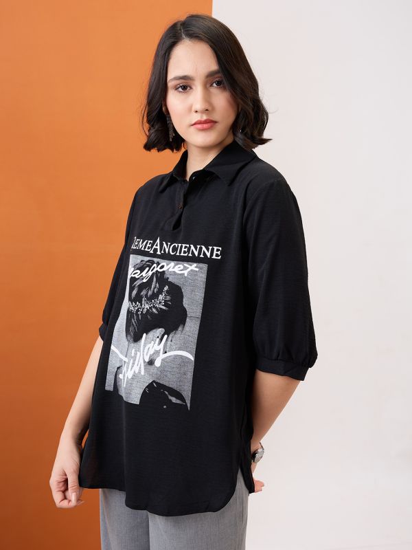 Globus Women Black Collared Neck Graphic Print High Low Hem Oversized Shirt Style Top