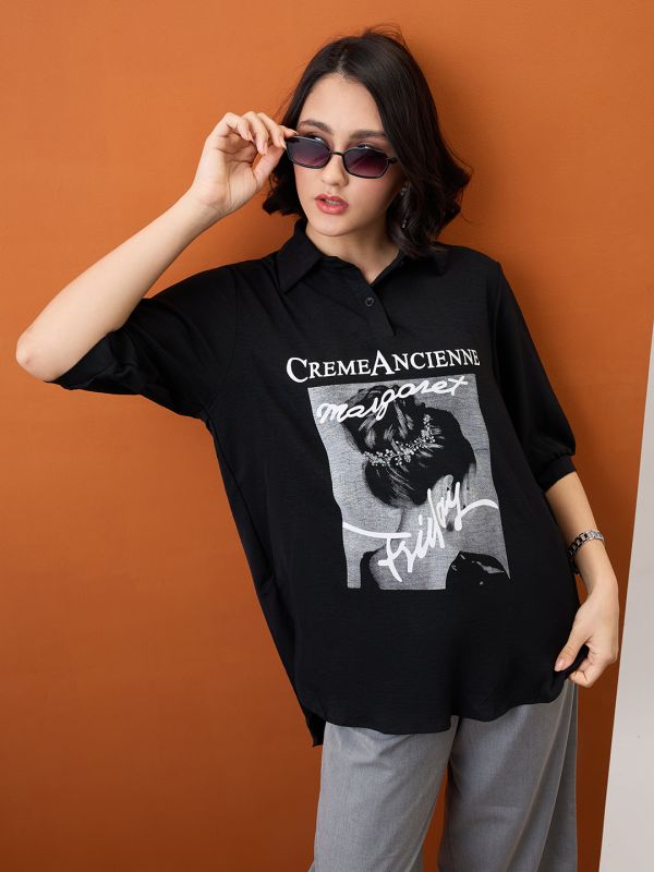 Globus Women Black Collared Neck Graphic Print High Low Hem Oversized Shirt Style Top