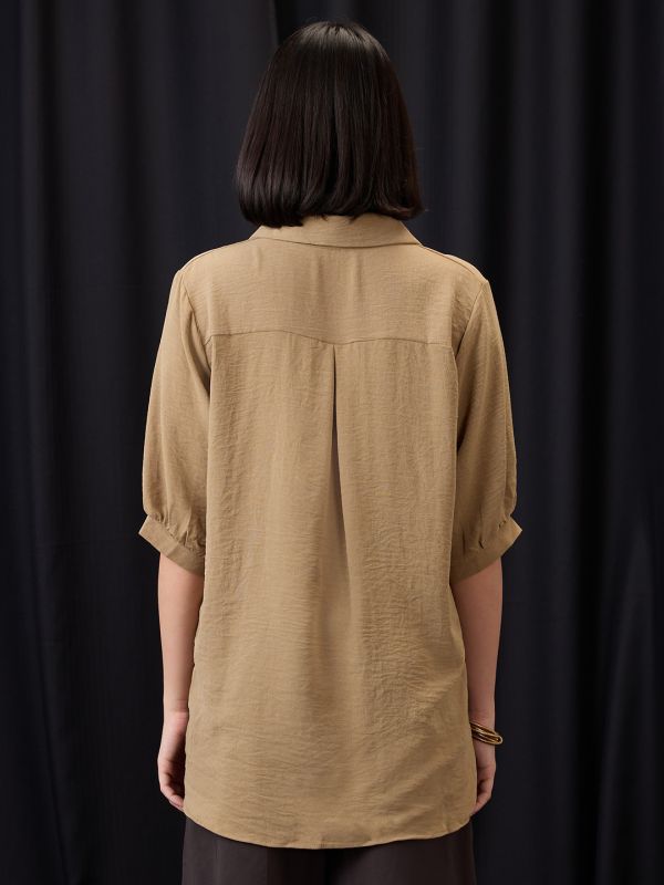 Globus Women Brown Collared Neck Graphic Print High Low Hem Oversized Shirt Style Top
