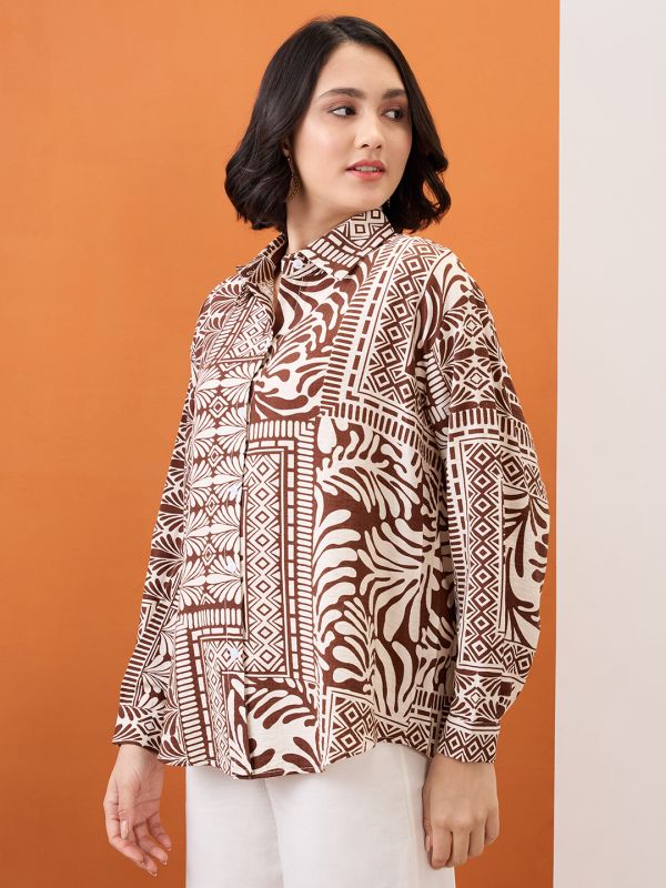 Globus Women Brown Collared Neck Cuffed Sleeves Tribal Print Oversized Shirt