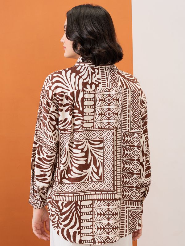 Globus Women Brown Collared Neck Cuffed Sleeves Tribal Print Oversized Shirt