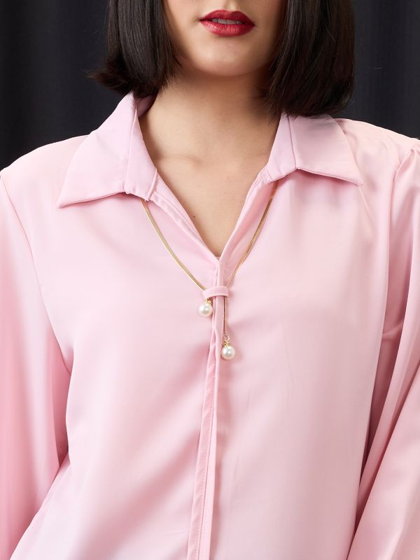 Globus Women Pink Collared Neck Cuffed Sleeves Chain & Pearl Detail Shirt Style Workwear Top