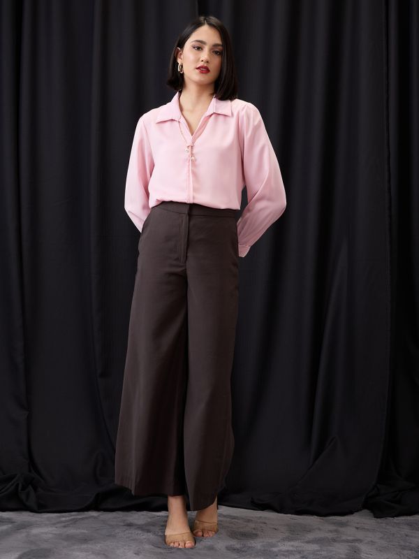Globus Women Pink Collared Neck Cuffed Sleeves Chain & Pearl Detail Shirt Style Workwear Top