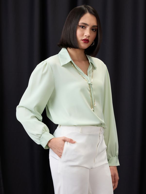 Globus Women Green Collared Neck Cuffed Sleeves Chain & Pearl Detail Shirt Style Workwear Top