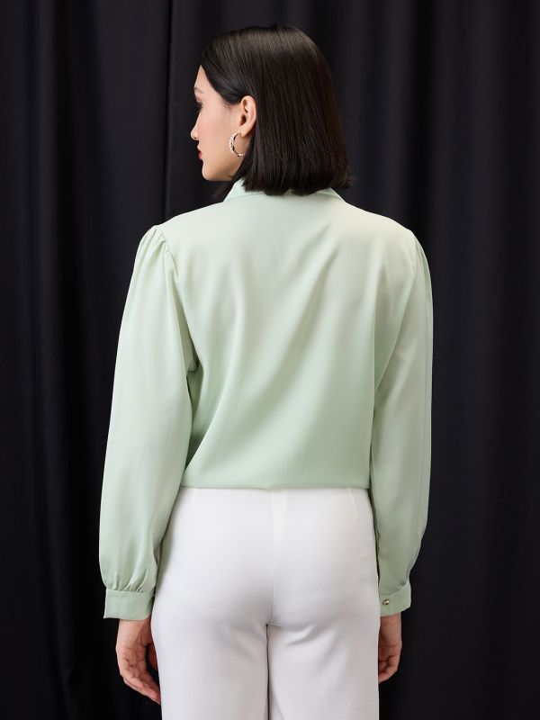 Globus Women Green Collared Neck Cuffed Sleeves Chain & Pearl Detail Shirt Style Workwear Top