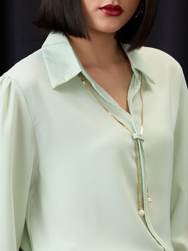 Globus Women Green Collared Neck Cuffed Sleeves Chain & Pearl Detail Shirt Style Workwear Top