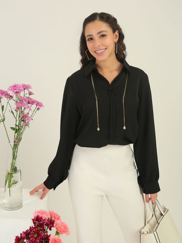 Globus Women Black Collared Neck Cuffed Sleeves Shirt Style Workwear Top