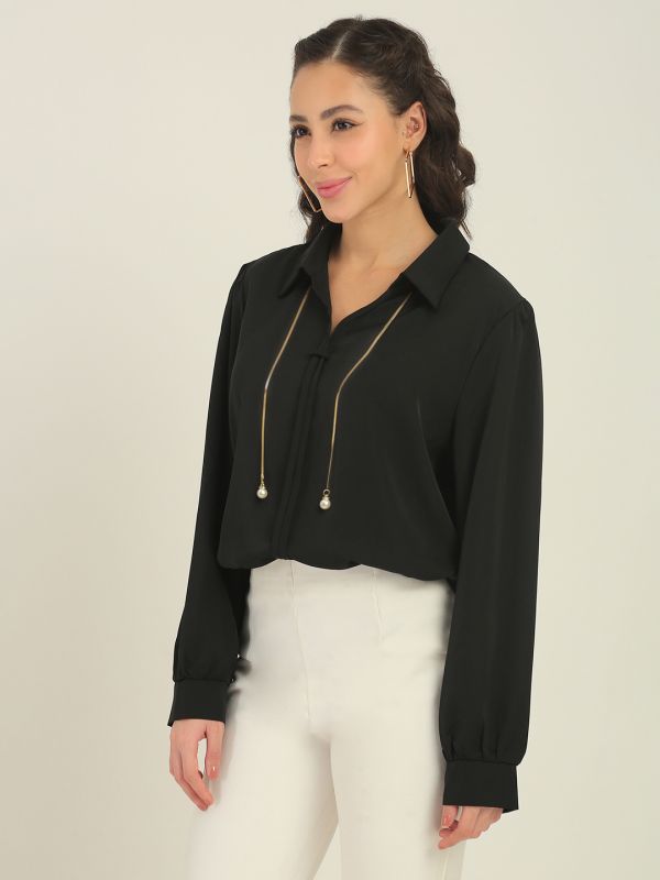 Globus Women Black Collared Neck Cuffed Sleeves Shirt Style Workwear Top