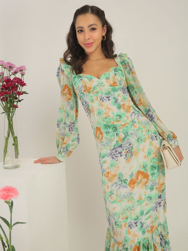 Globus Women Green Sweetheart Neck Frill Detail Puff Sleeves Floral Print Midi Bodycon Corset Party Dress