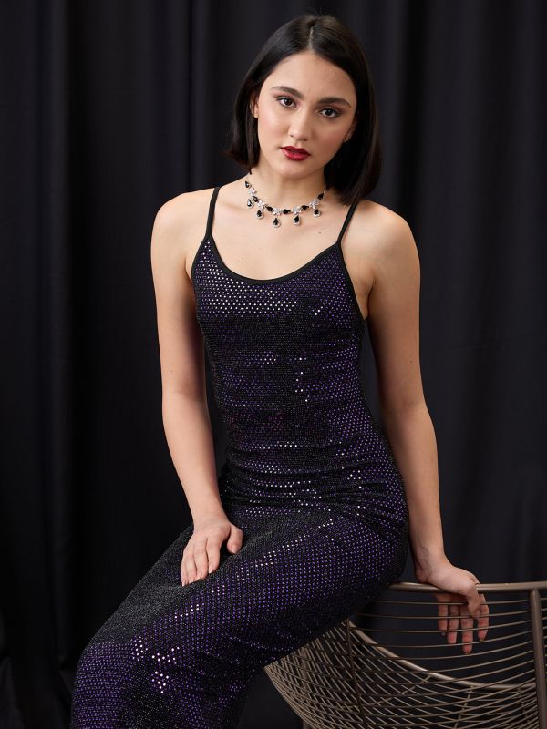 Globus Women Purple Scoop Neck Strappy Shoulder Embellished Midi Bodycon Party Dress