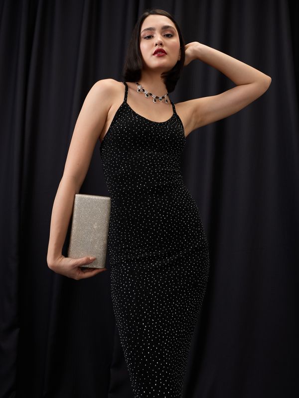 Globus Women Black Scoop Neck Strappy Shoulder Rhinestone Embellished Midi Bodycon Party Dress