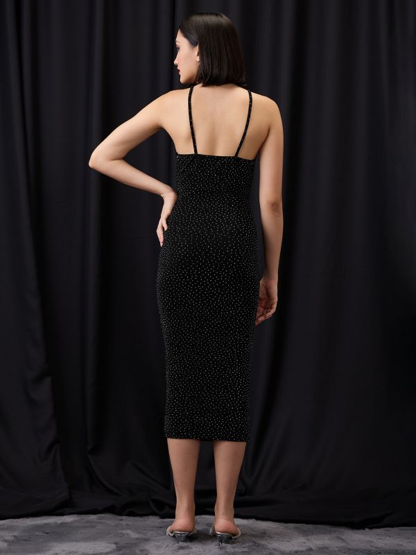 Globus Women Black Scoop Neck Strappy Shoulder Rhinestone Embellished Midi Bodycon Party Dress