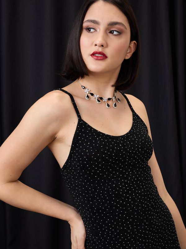 Globus Women Black Scoop Neck Strappy Shoulder Rhinestone Embellished Midi Bodycon Party Dress