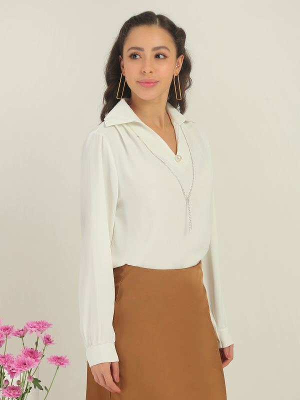 Globus Women White Collared Neck Cuffed Sleeves Pearl Details Party Shirt Style Top