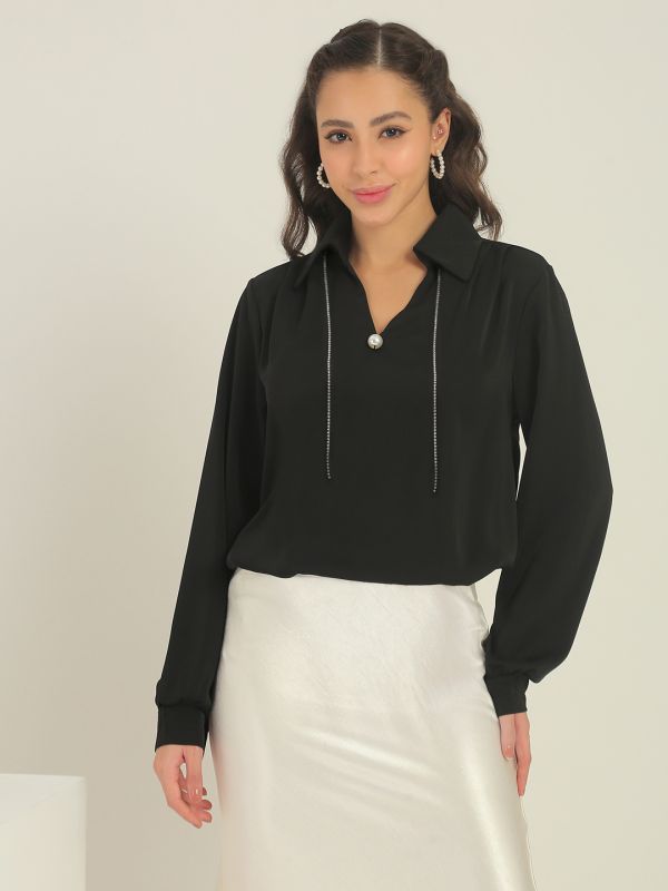 Globus Women Black Collared Neck Cuffed Sleeves Pearl Details Party Shirt Style Top
